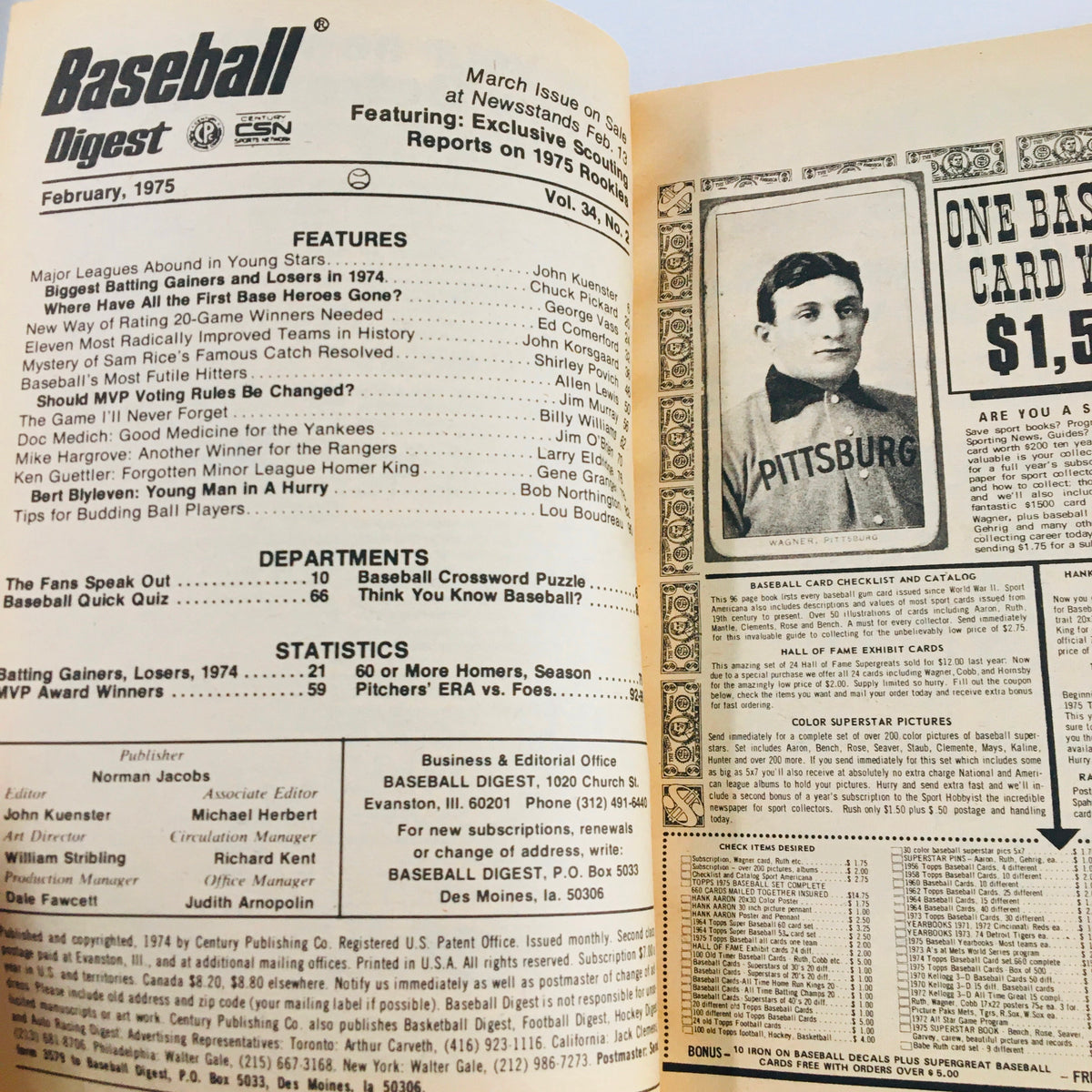 Interior page of Baseball Digest Magazine February 1975, highlighting featured articles and statistics, including a discussion on first base heroes and other baseball insights.