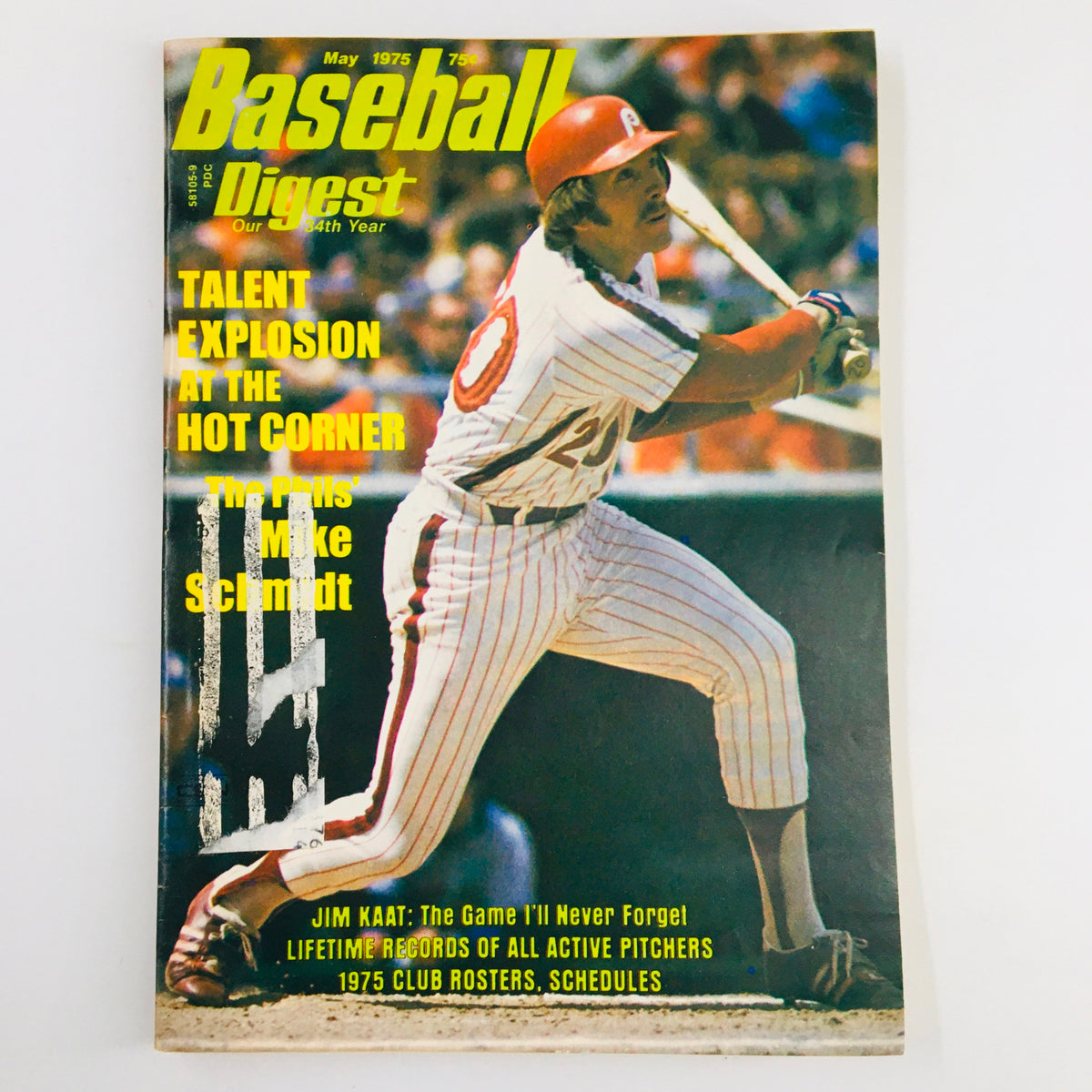 Cover of VTG Baseball Digest Magazine May 1975 featuring The Phil's Mike Schmidt, highlighting 'Talent Explosion at the Hot Corner' and Jim Kaat's feature article.