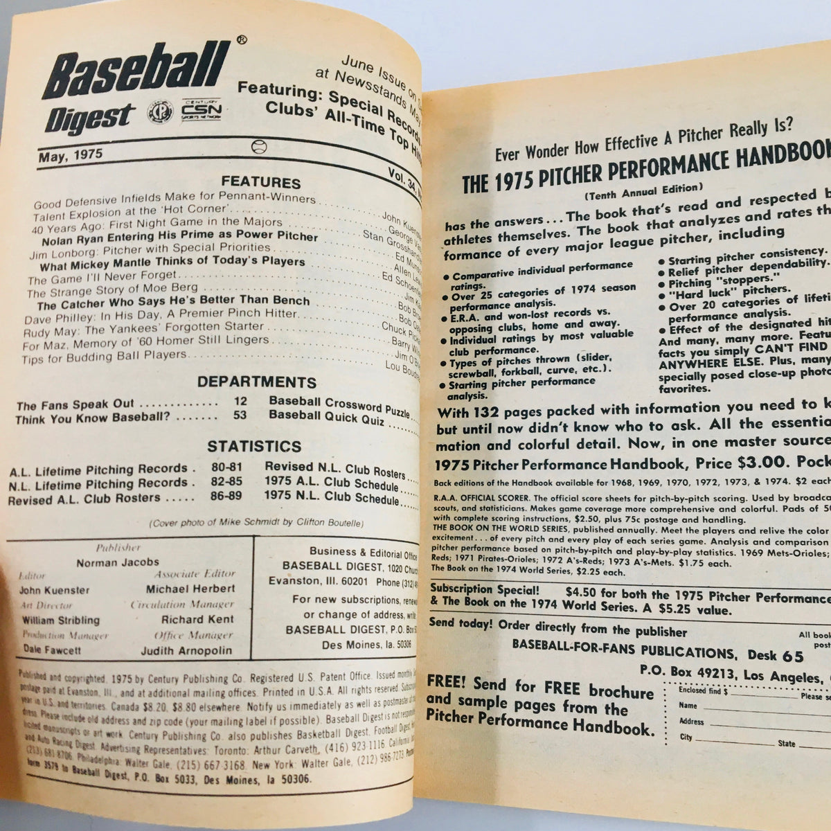 Inside page of VTG Baseball Digest Magazine May 1975 displaying featured articles, statistics, and player performance analysis with a focus on pitching and MLB history.
