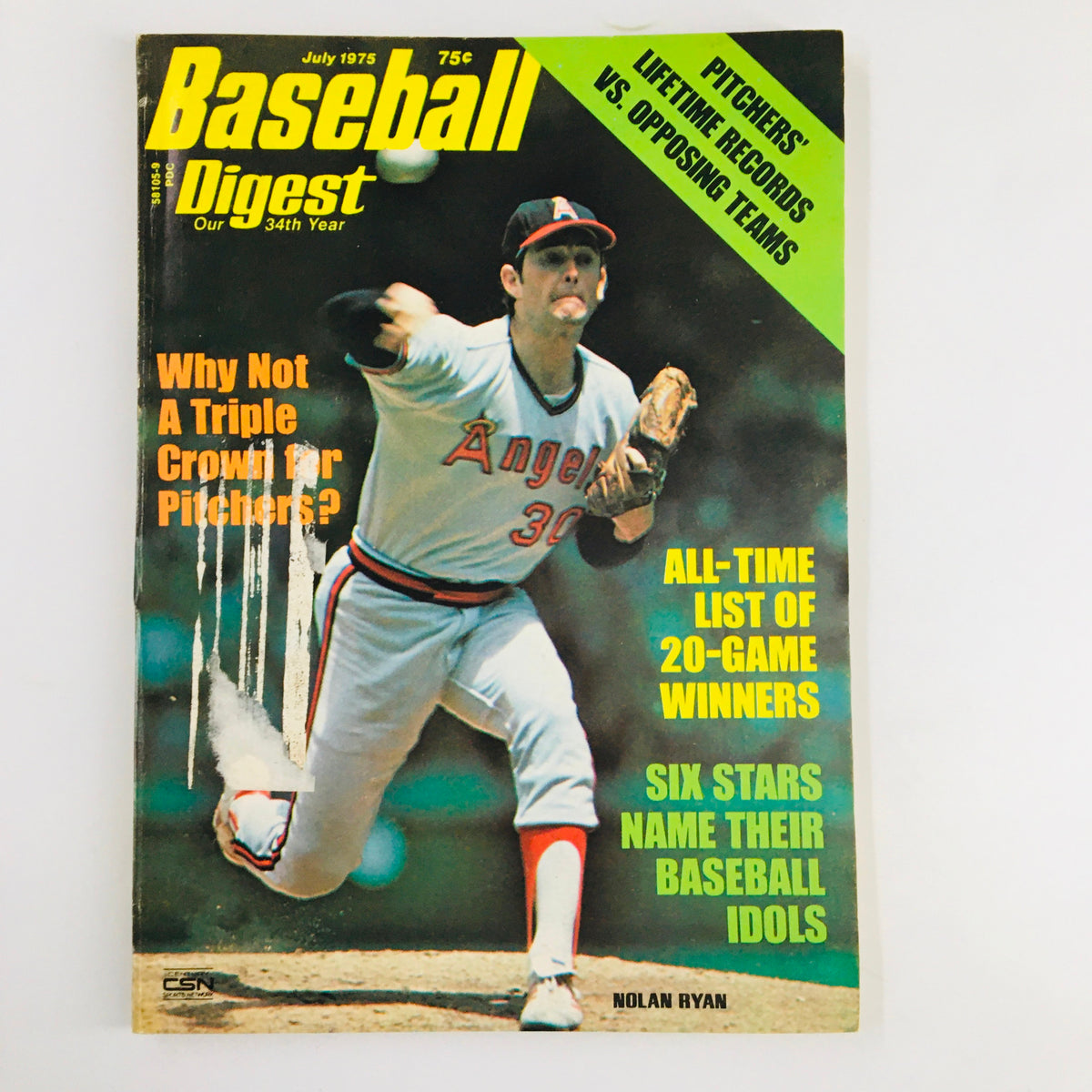Cover of Baseball Digest Magazine from July 1975 featuring Nolan Ryan, highlighting his achievement of winning the Triple Crown for pitchers, with vibrant color graphics and vintage baseball imagery.