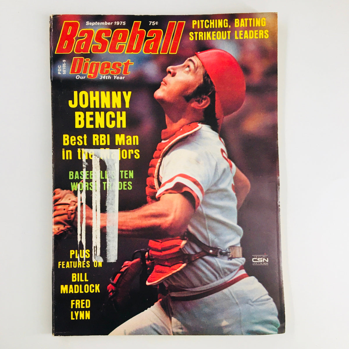 VTG Baseball Digest Magazine September 1975 featuring Johnny Bench as the Best RBI Man in the Majors, showcasing a dynamic image of the player on the cover.