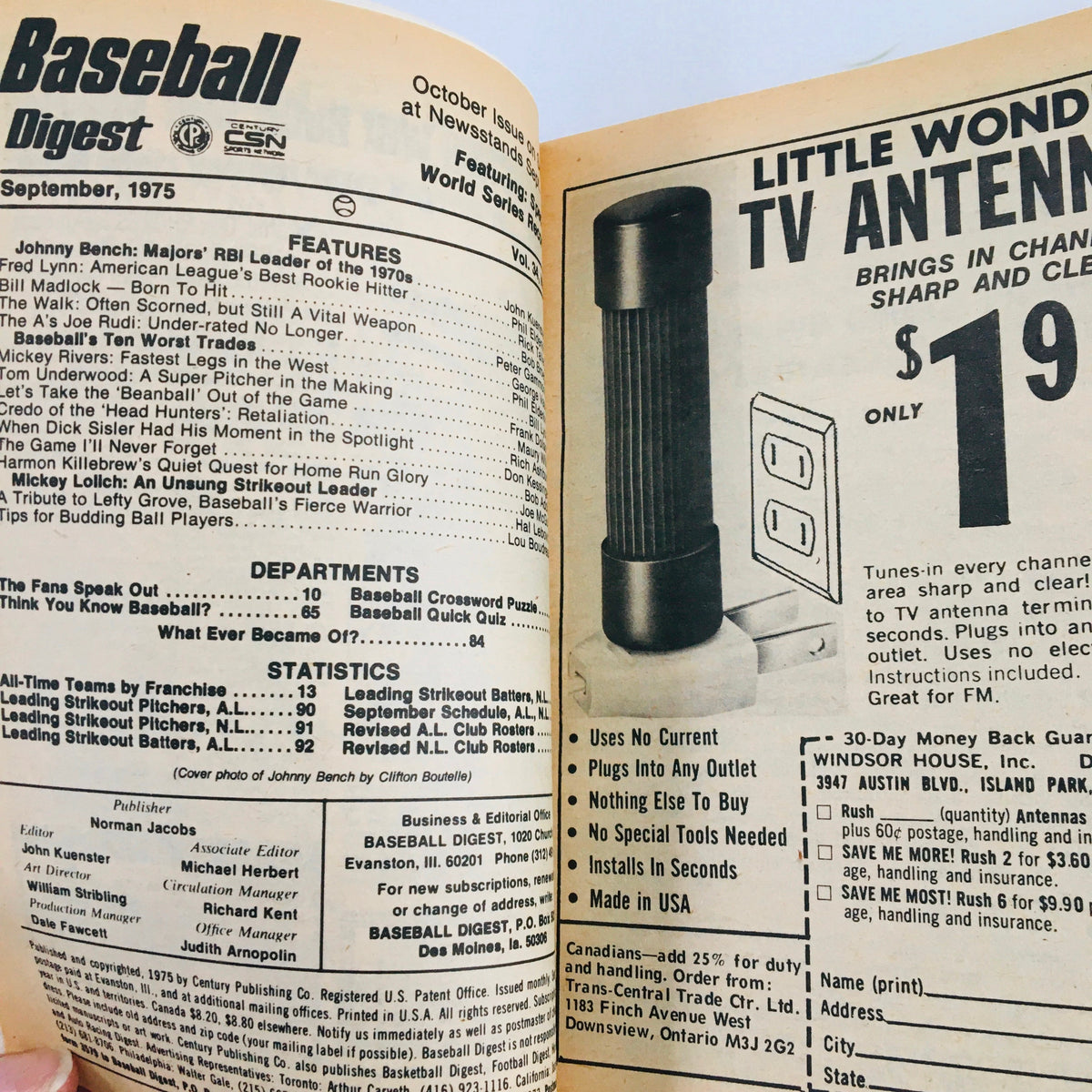Inside page of VTG Baseball Digest Magazine September 1975 highlighting articles and features including Johnny Bench's achievements and baseball statistics.
