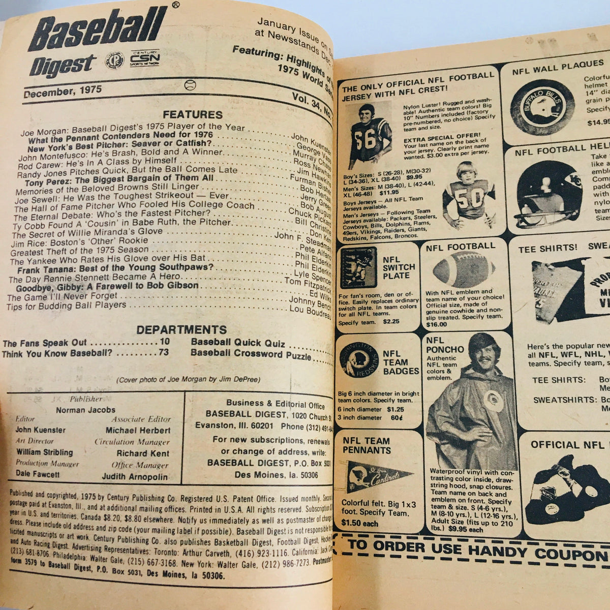 Inside spread of the December 1975 issue of Baseball Digest Magazine featuring Joe Morgan as Player of the Year 1975. The page includes various articles, features, and advertisements related to baseball and sports memorabilia.