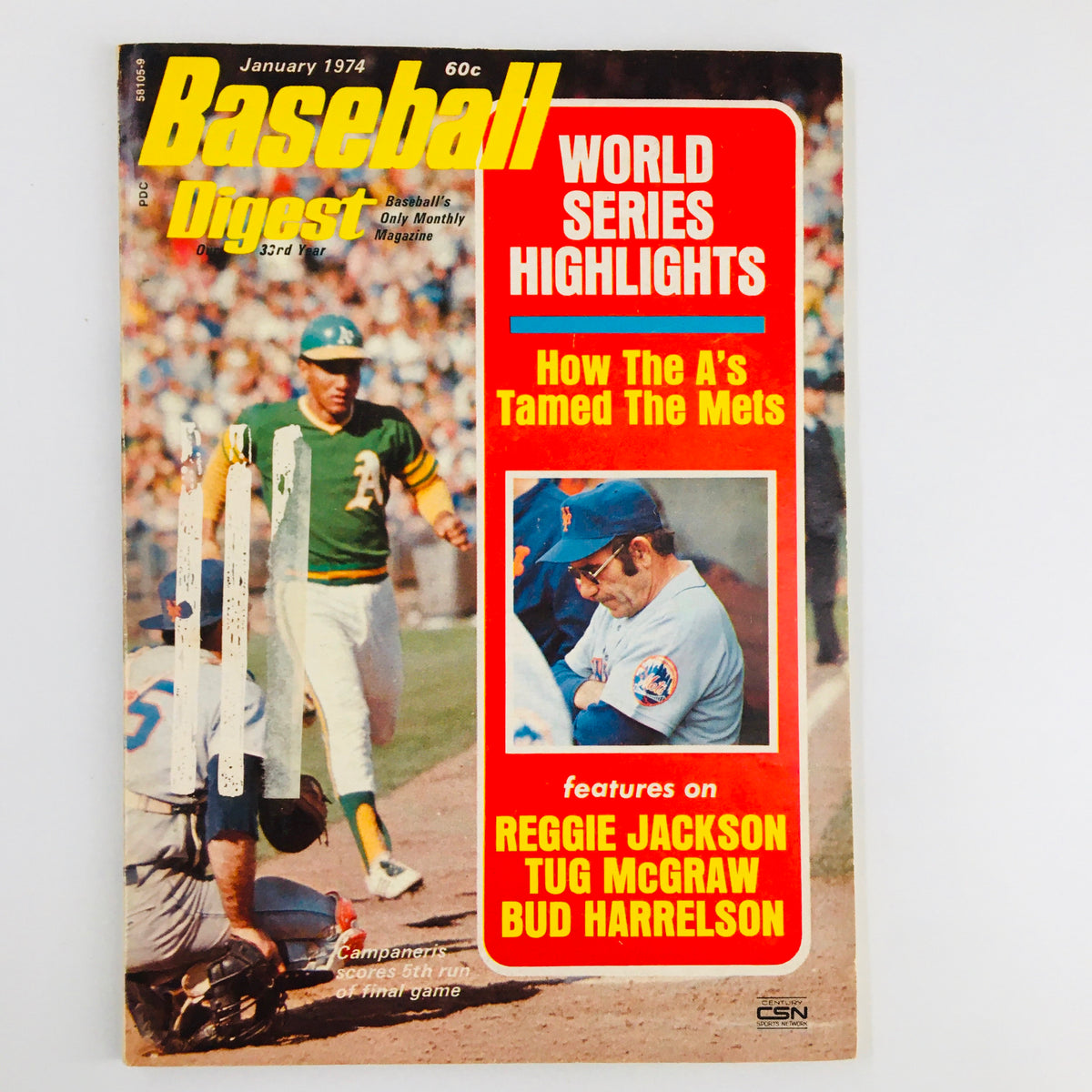 VTG Baseball Digest Magazine January 1974 featuring an iconic cover with Bert Campaneris, World Series Highlights, and mention of Reggie Jackson, Tug McGraw, and Bud Harrelson.