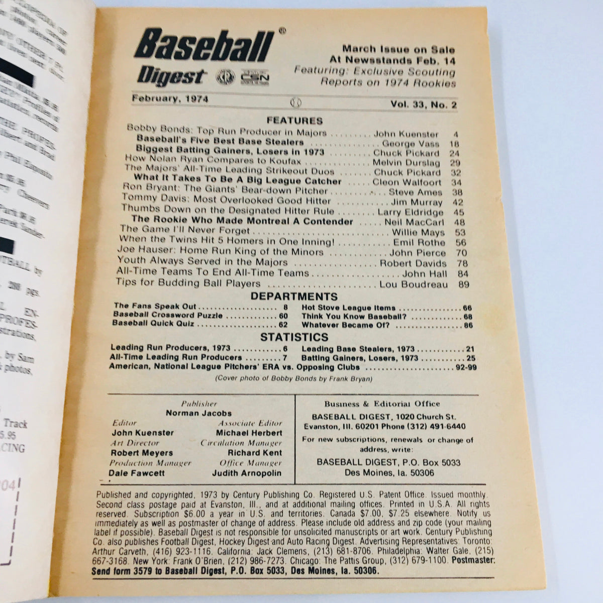 Vintage Baseball Digest Magazine February 1974 Bobby Bonds & Willie May Feature
