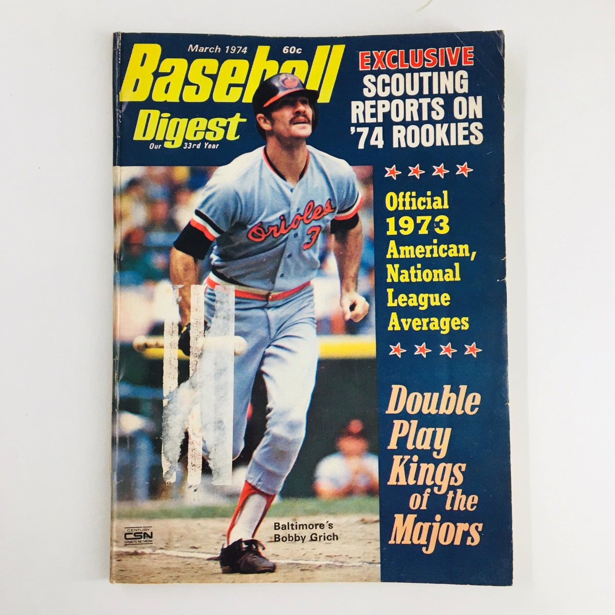 March 1974 issue of Baseball Digest magazine featuring Baltimore Orioles' Bobby Grich on the cover, showcasing the title and exclusive content about MLB.