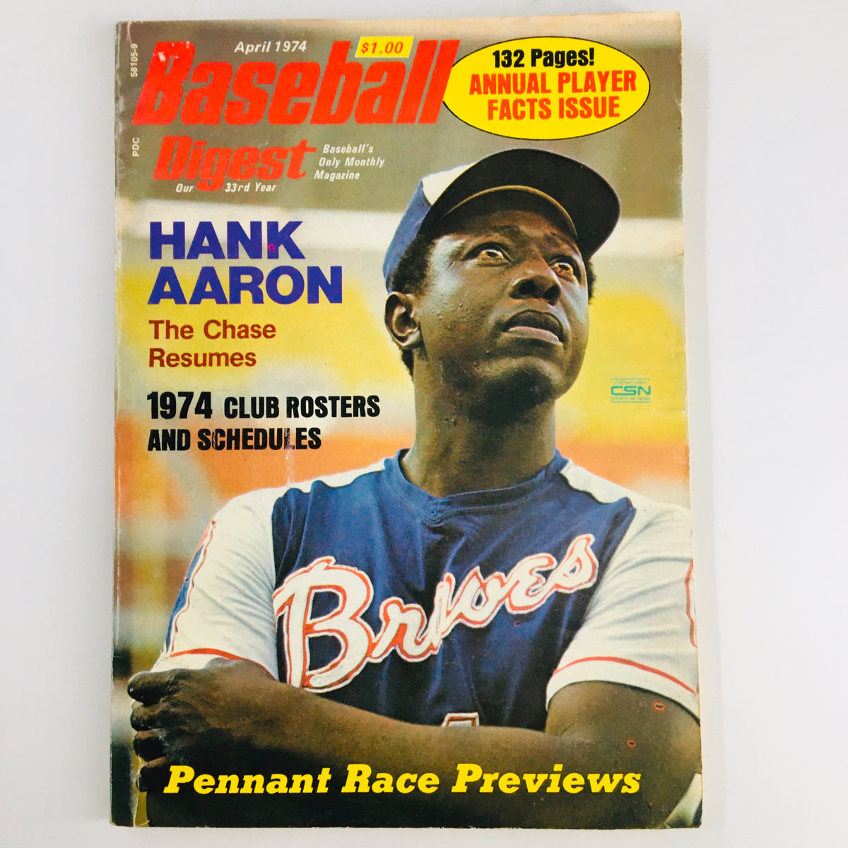 Vintage Baseball Digest Magazine from April 1974 featuring Hank Aaron on the cover, titled 'The Chase Resumes', showcasing Hank Aaron in a Braves uniform, highlighting baseball history.