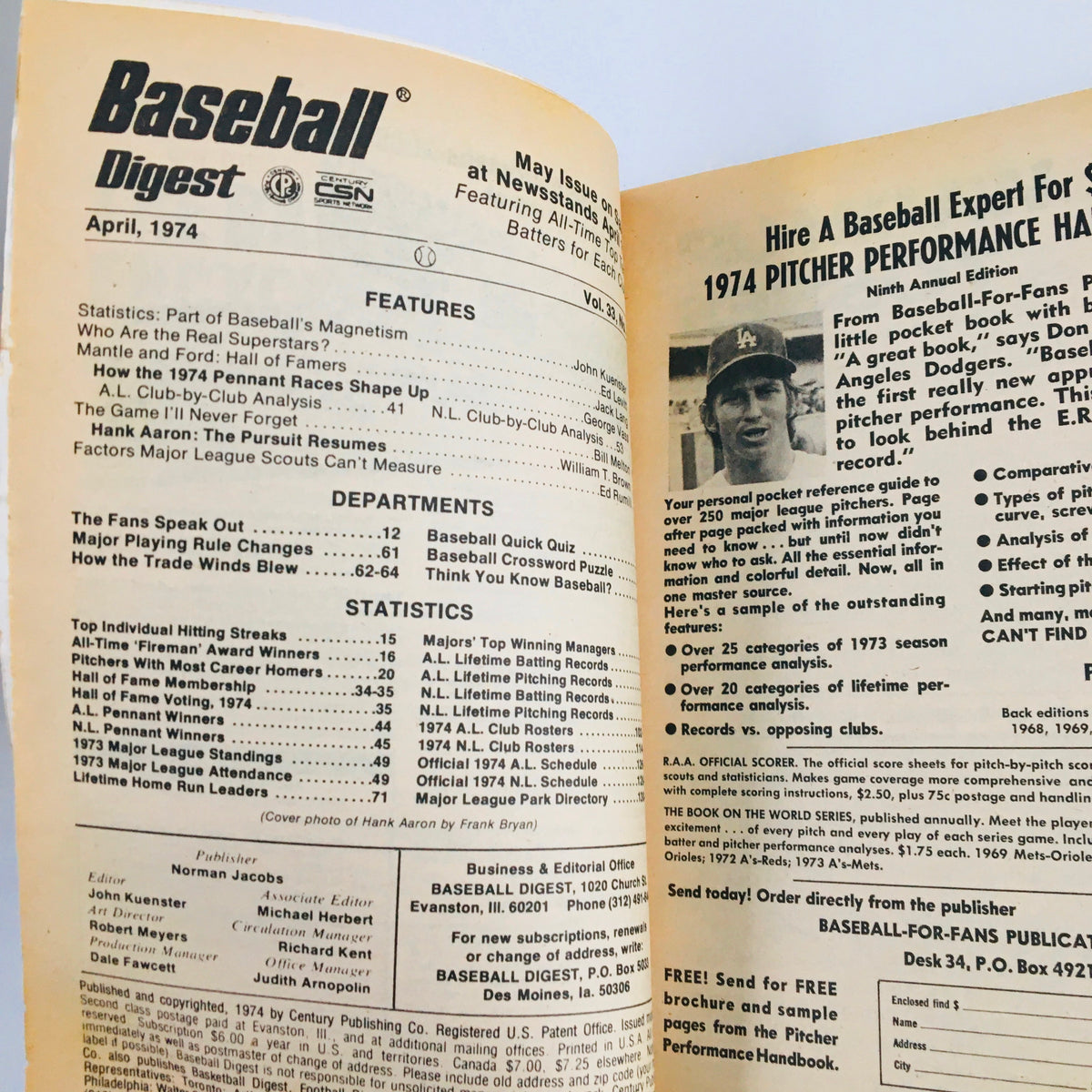 Interior page of April 1974 Baseball Digest magazine featuring the article 'Hank Aaron: The Pursuit Resumes' and detailed statistics on baseball players, offering insights into 1970s baseball.