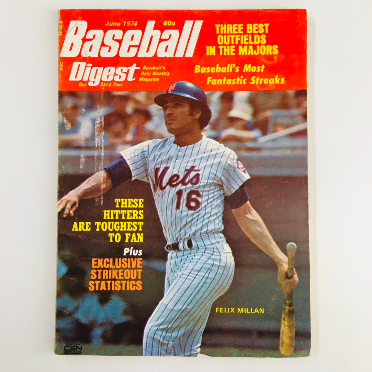 Cover of Baseball Digest magazine from June 1974 featuring Felix Millian and announcing highlights such as the three best outfields in the majors and exclusive strikeout statistics. Vintage design showcasing baseball culture from the 1970s.