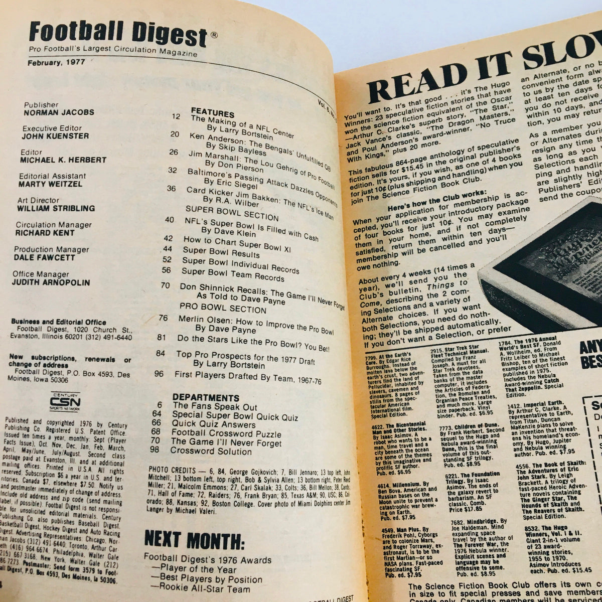 Interior page of the VTG Football Digest Magazine from February 1977 featuring the table of contents and featured articles, including insights about football stars like Miami's Jim Langer, ideal for collectors and football enthusiasts.