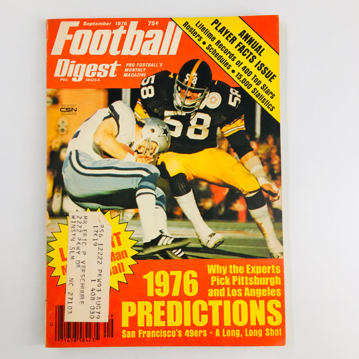 Vintage September 1976 issue of Football Digest magazine featuring the New York Giants on the cover with Larry Csonka, highlighting football predictions and historical insights.
