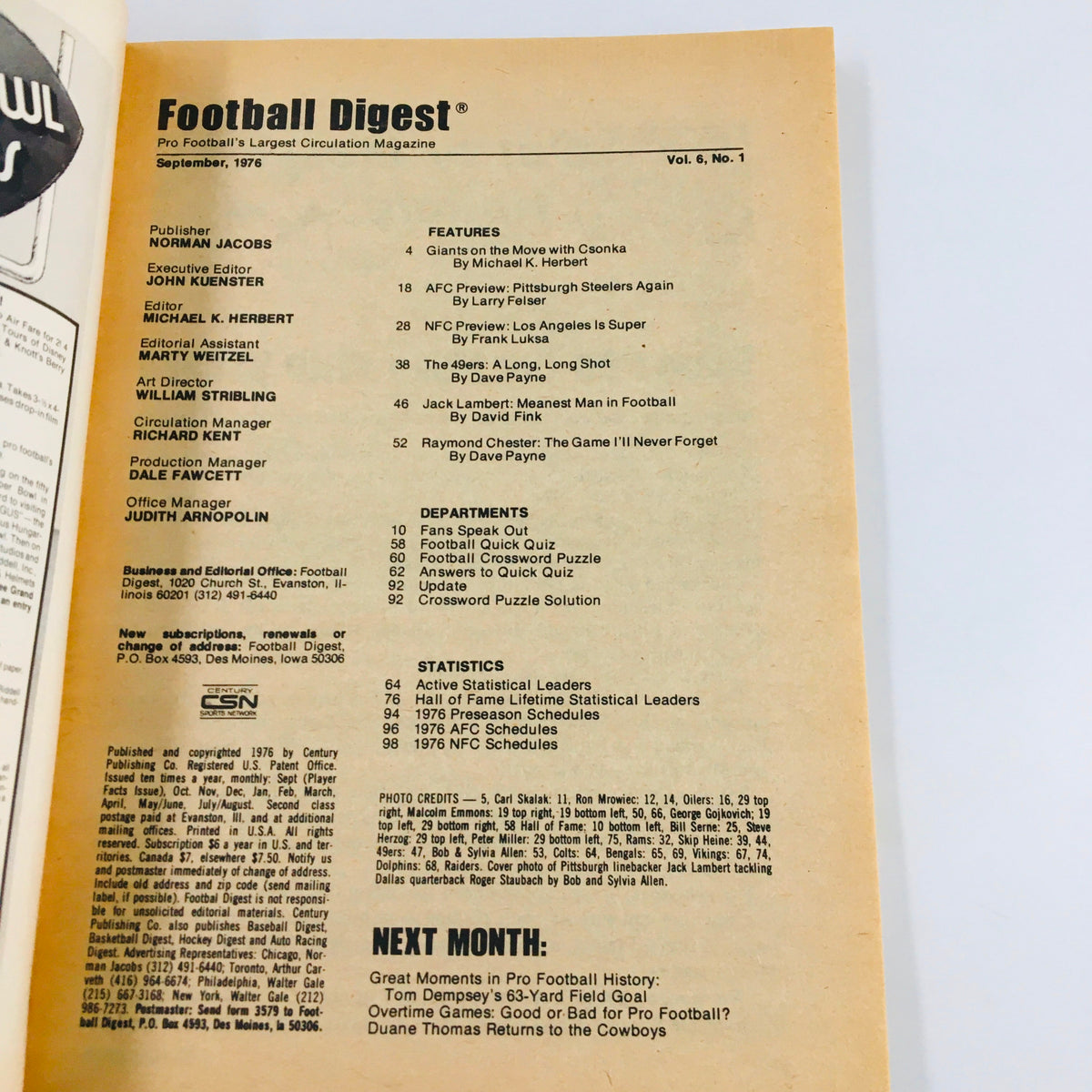 Inside page of the September 1976 Football Digest magazine, showcasing features, articles, and statistics about football, preserving a pivotal moment in NFL history.