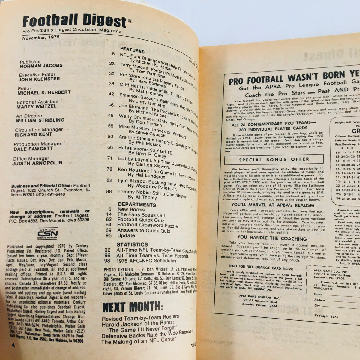 Interior page of Football Digest Magazine November 1976 displaying the table of contents, featuring articles on NFL changes, player statistics, and team insights.