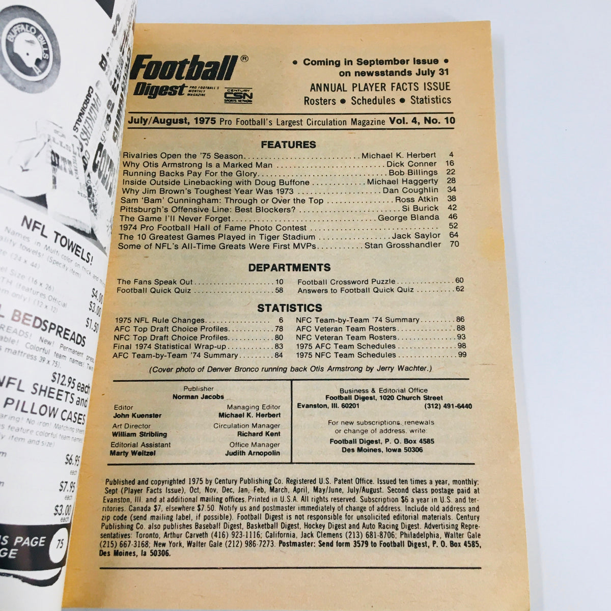 Cover page of VTG Football Digest Magazine August 1975 featuring the title 'Why Otis Armstrong is a Marked Man'. The magazine includes features on NFL rivalries, player statistics, and department sections. A glimpse into the mid-1970s football culture.