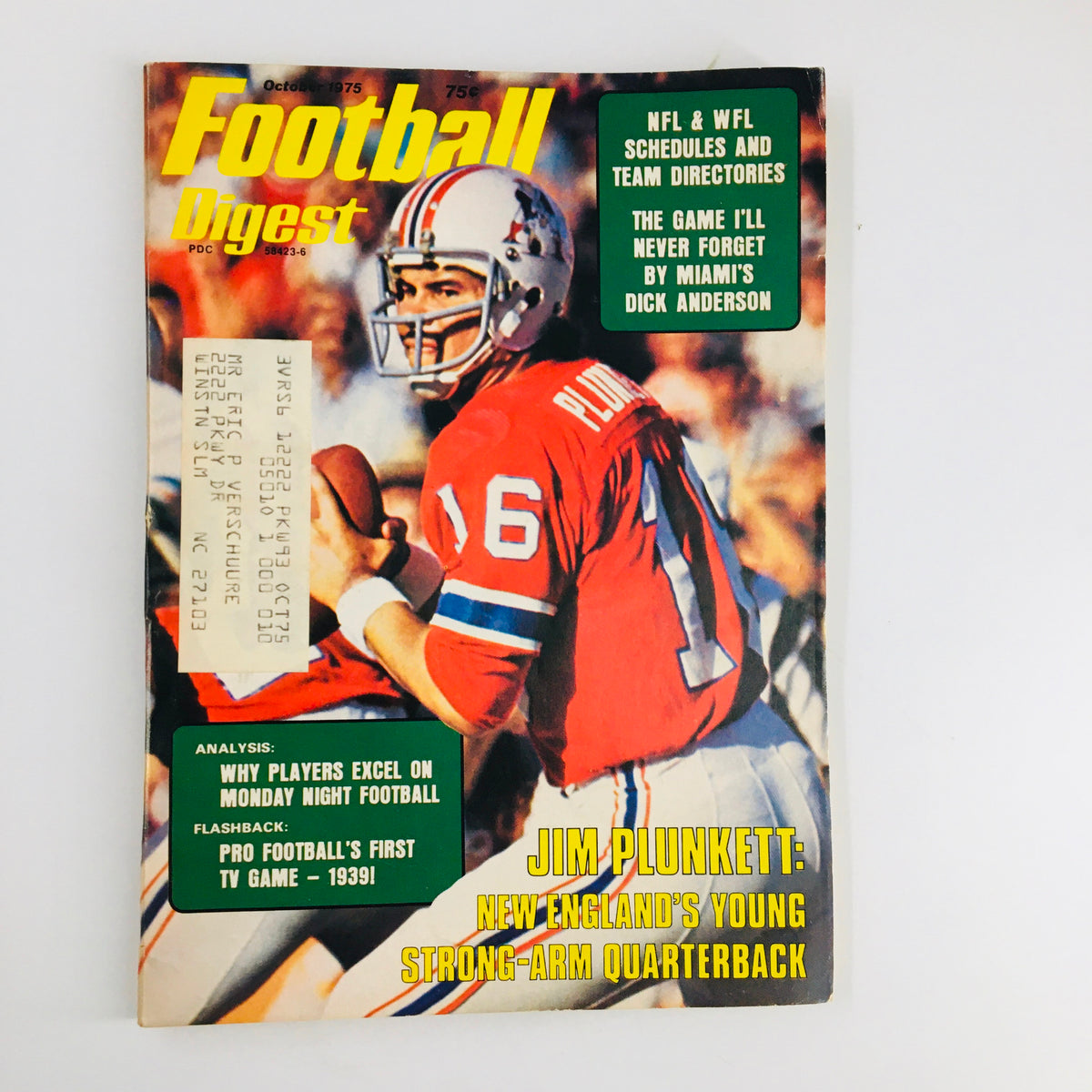 Vintage Football Digest magazine from October 1975 featuring New England quarterback Jim Plunkett on the cover. The cover highlights Jim Plunkett's profile and includes football analysis and schedules for NFL and WFL.