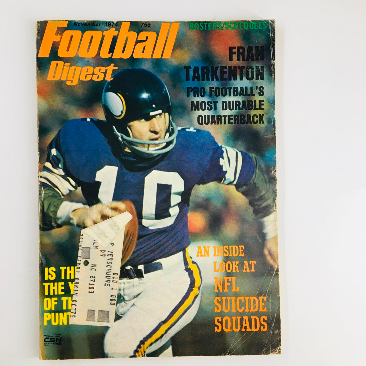 November 1974 Football Digest magazine cover featuring the Minnesota Vikings and Fran Tarkenton, showcasing the quarterback in action with the headline 'Pro Football's Most Durable Quarterback'.