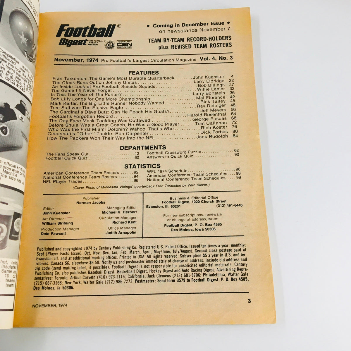 Table of contents page from the November 1974 VTG Football Digest Magazine, highlighting features and statistics related to the Minnesota Vikings and Fran Tarkenton.
