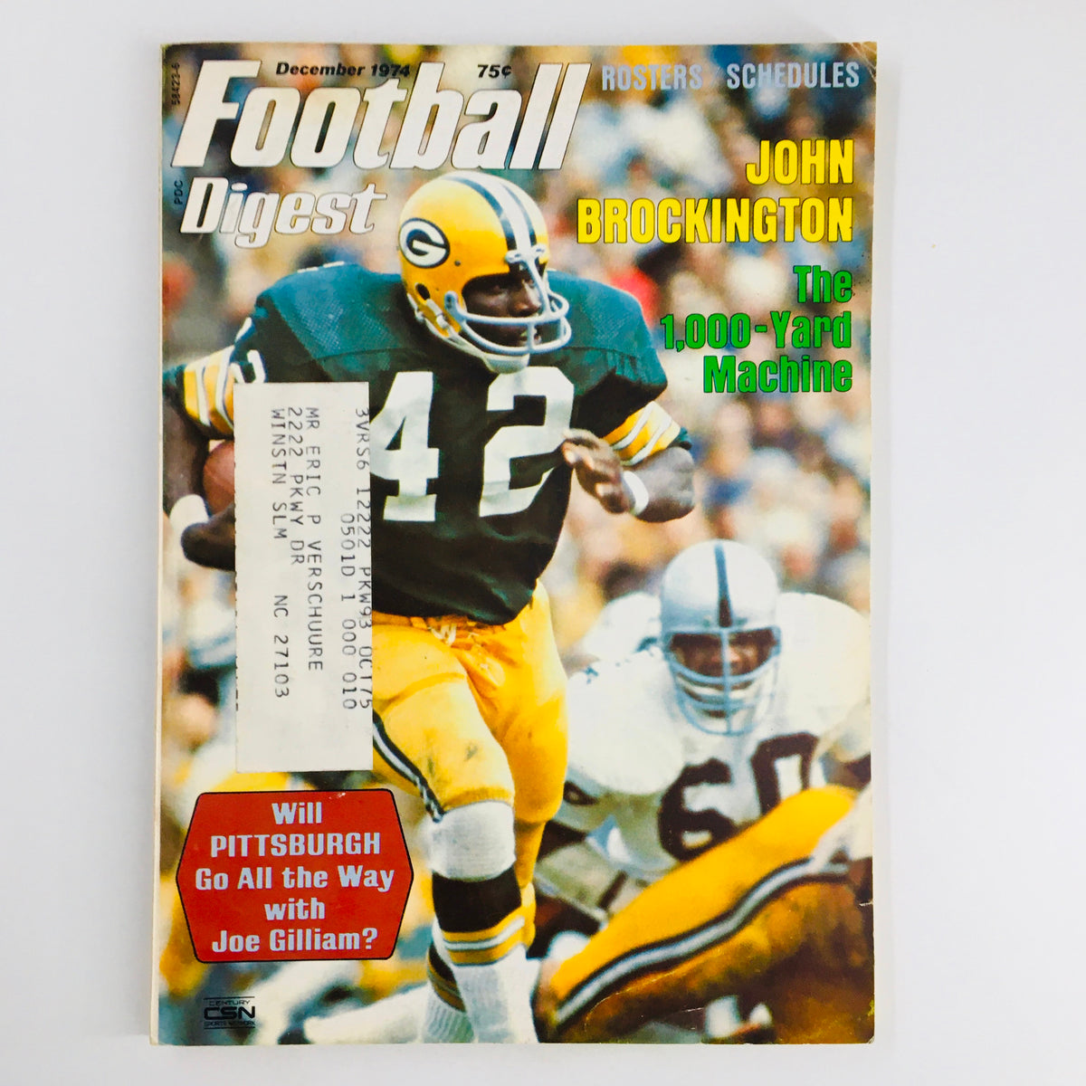 Football Digest Magazine December 1974 featuring John Brockington on the cover, highlighting a pivotal moment in NFL history with the question, 'Will Pittsburgh Go All the Way with Joe Gilliam?'
