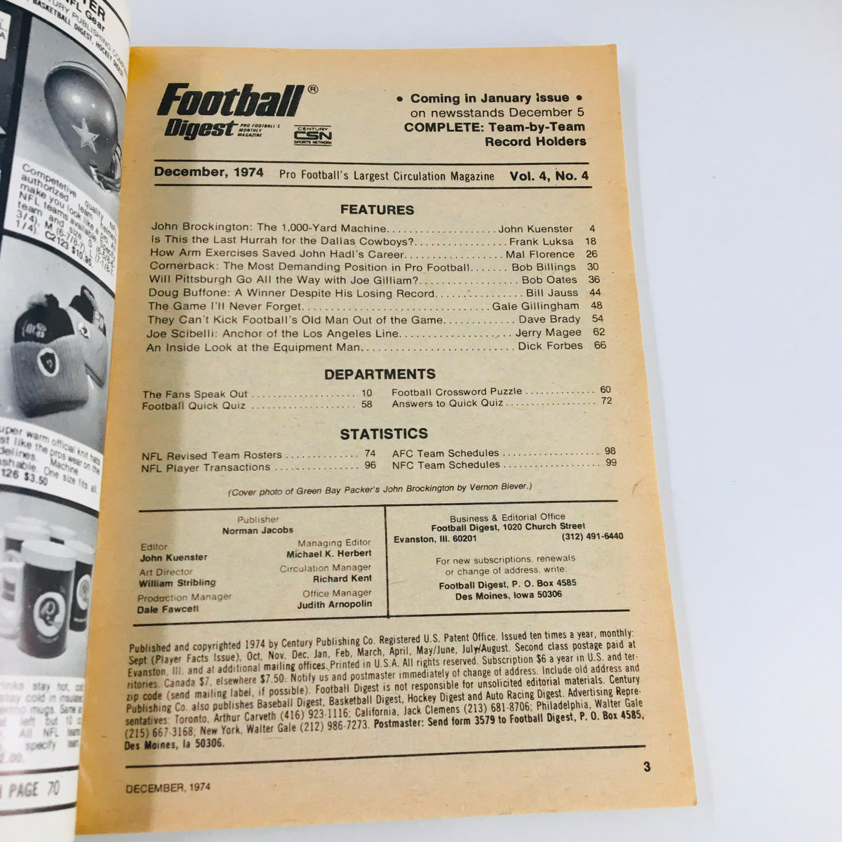Interior page of Football Digest Magazine December 1974 displaying the table of contents, showcasing features and articles including 'John Brockington: The 1,000-Yard Machine' and insights on Pittsburgh Steelers and Joe Gilliam.