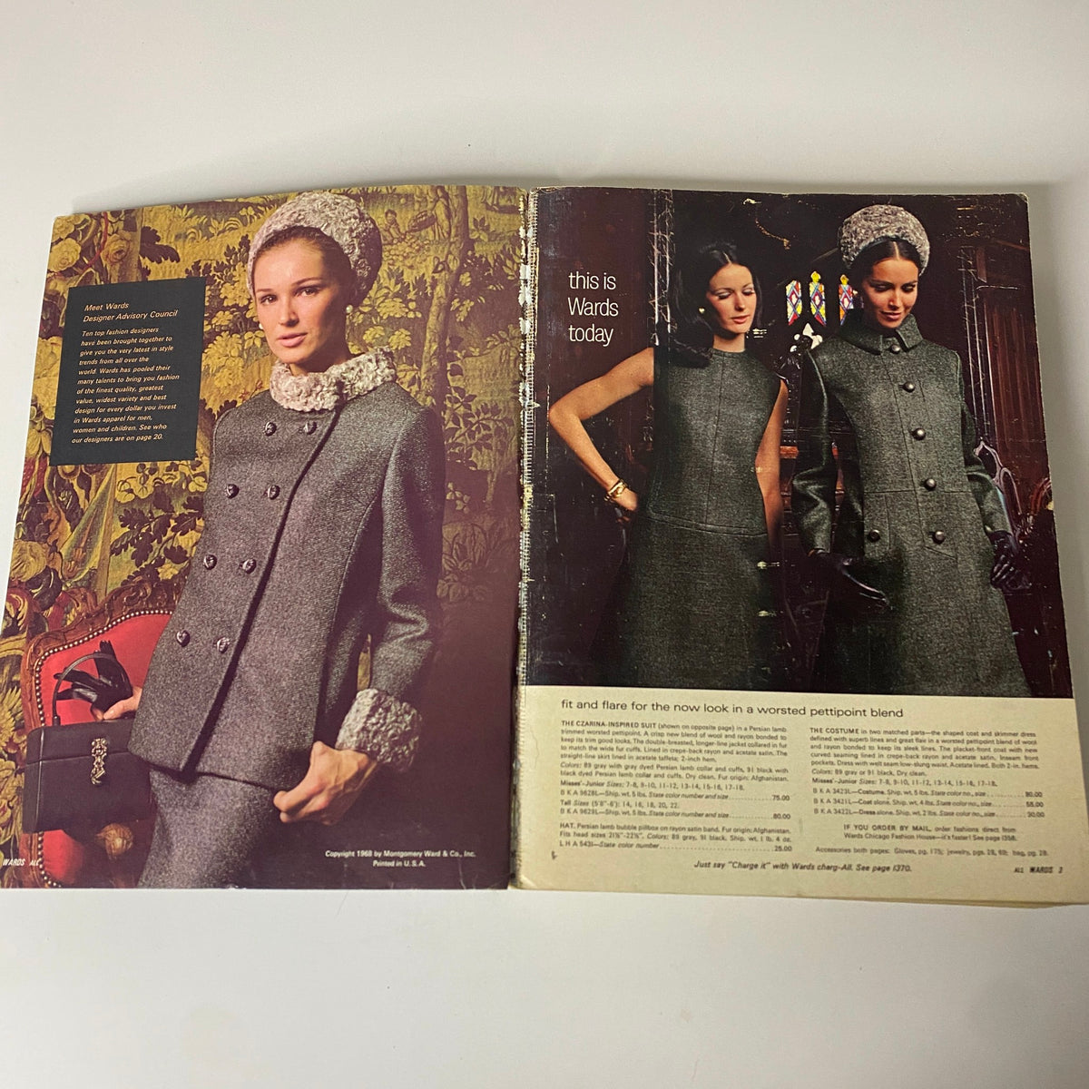 Spread from the 1968 Montgomery Ward Fall and Winter Catalog showcasing fashionable outfits designed by the Wards Designer Advisory Council, emphasizing mid-century styles.
