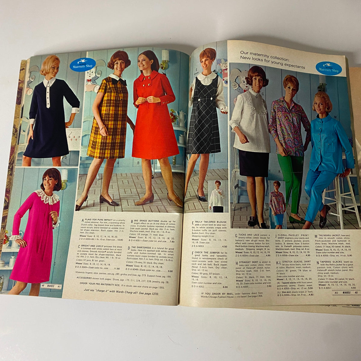 Colorful fashion spread from the 1968 Montgomery Ward Fall and Winter Catalog displaying various clothing styles for women, representing the trends of late 1960s fashion.