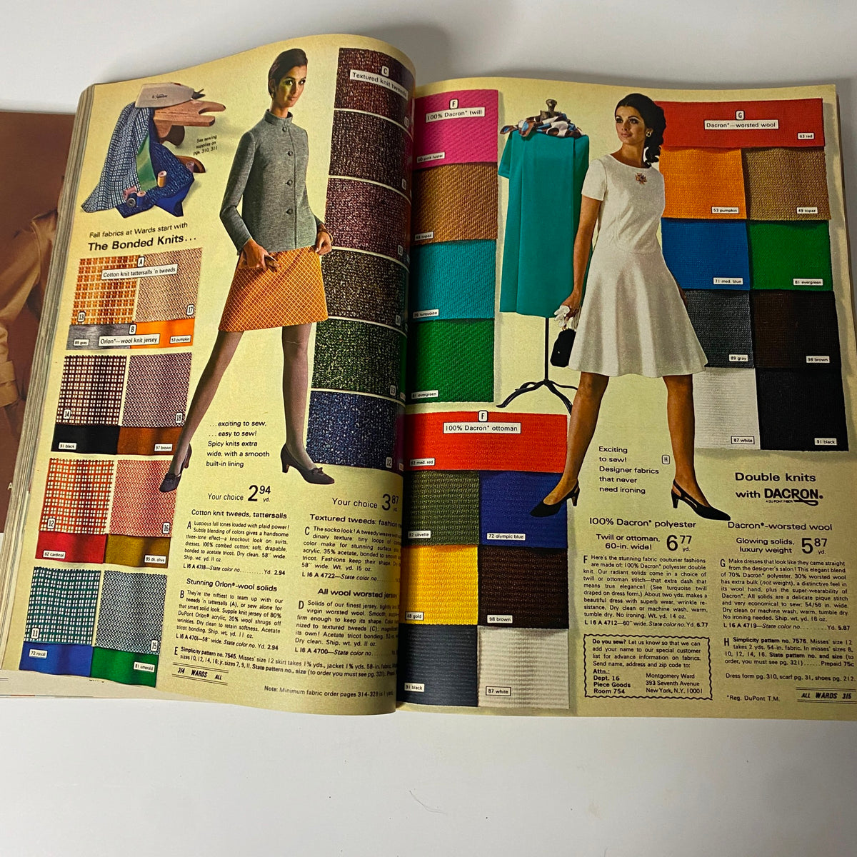 1968 Montgomery Ward Fall and Winter Catalog page showcasing a variety of fabrics, featuring models displaying colorful textiles and clothing options, highlighting fashionable choices of the late 1960s.