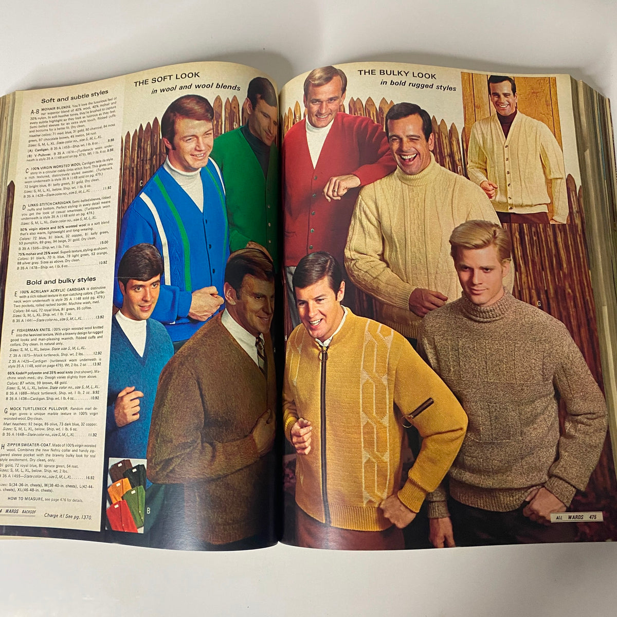 1968 Montgomery Ward Fall and Winter Catalog page featuring a group of men in stylish sweaters and cardigans, illustrating male fashion trends of the late 1960s.