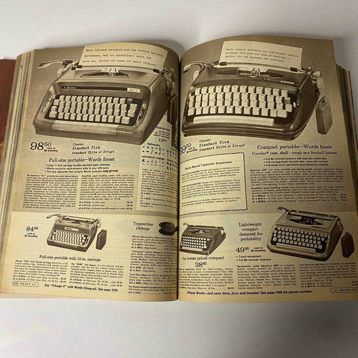 1968 Montgomery Ward Fall and Winter Catalog page featuring various typewriters, showcasing portable and full-size models, reflecting key office equipment trends of the late 1960s.