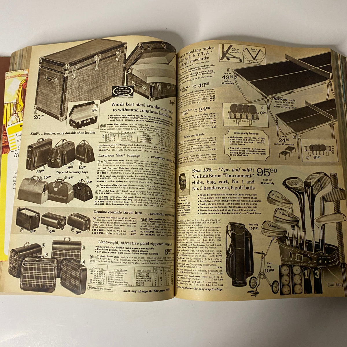 1968 Montgomery Ward Fall and Winter Catalog page displaying luggage and golf gear, highlighting practical travel items and sports equipment popular in the late 1960s.