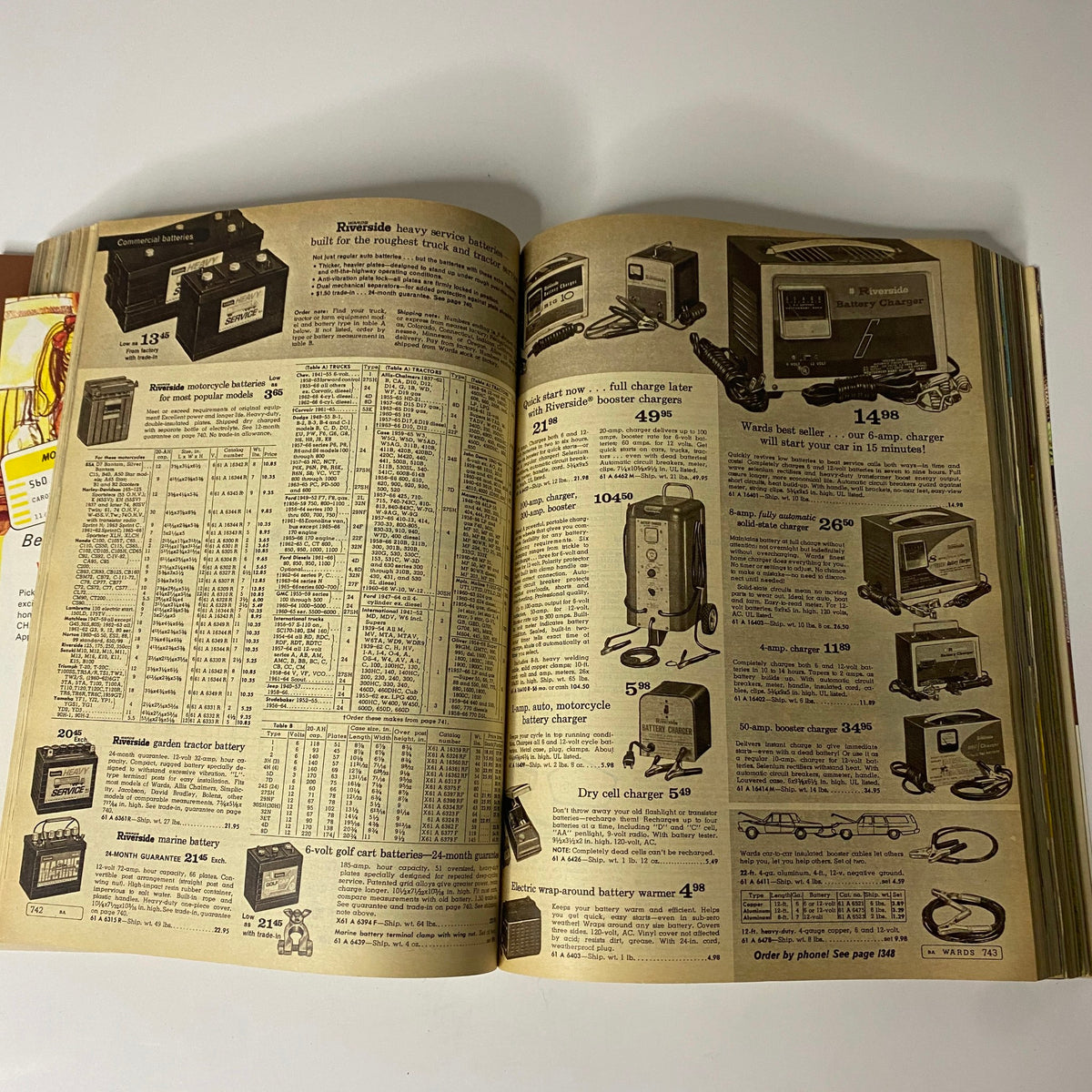 Detailed view of battery products from the 1968 Montgomery Ward Fall and Winter Catalog, showcasing various chargers, batteries, and pricing information.