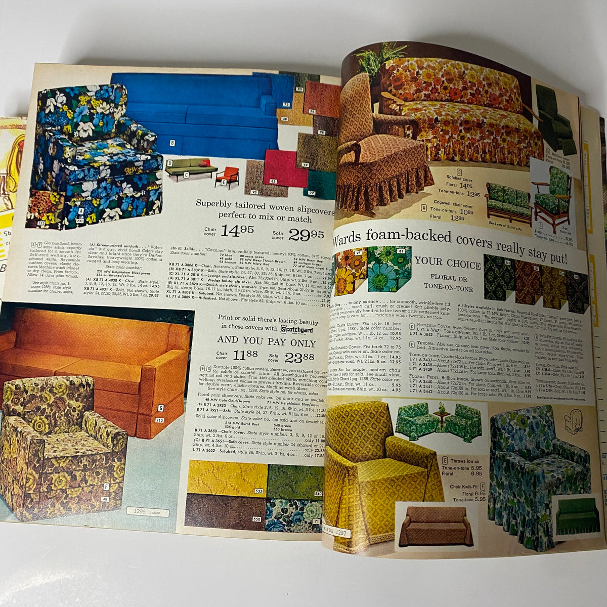 A vibrant selection of slipcovers and furniture options from the 1968 Montgomery Ward Fall and Winter Catalog, featuring a variety of colors and textures.