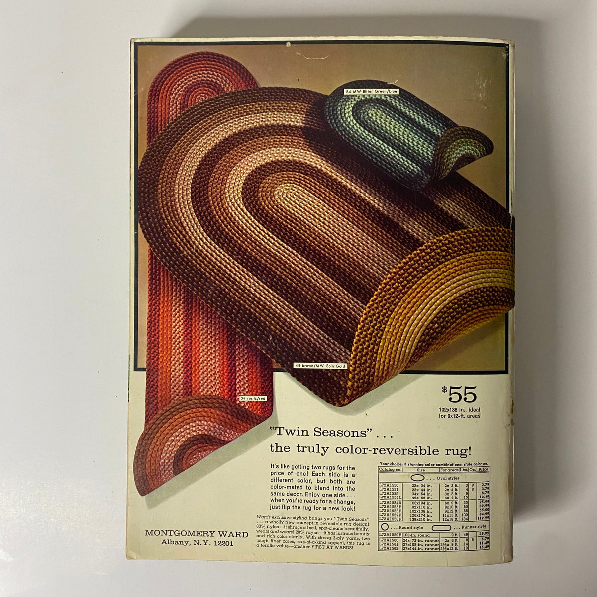 Back cover featuring color-reversible rugs from the 1968 Montgomery Ward Fall and Winter Catalog, emphasizing unique design and functionality.