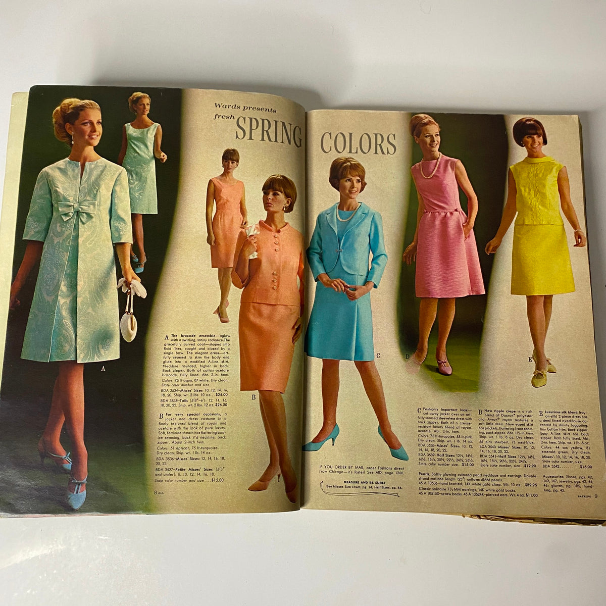 1967 Montgomery Ward Spring and Summer Catalog showcasing stylish women's dresses in fresh spring colors like aqua and apricot, emphasizing vibrant fashion trends of the era.