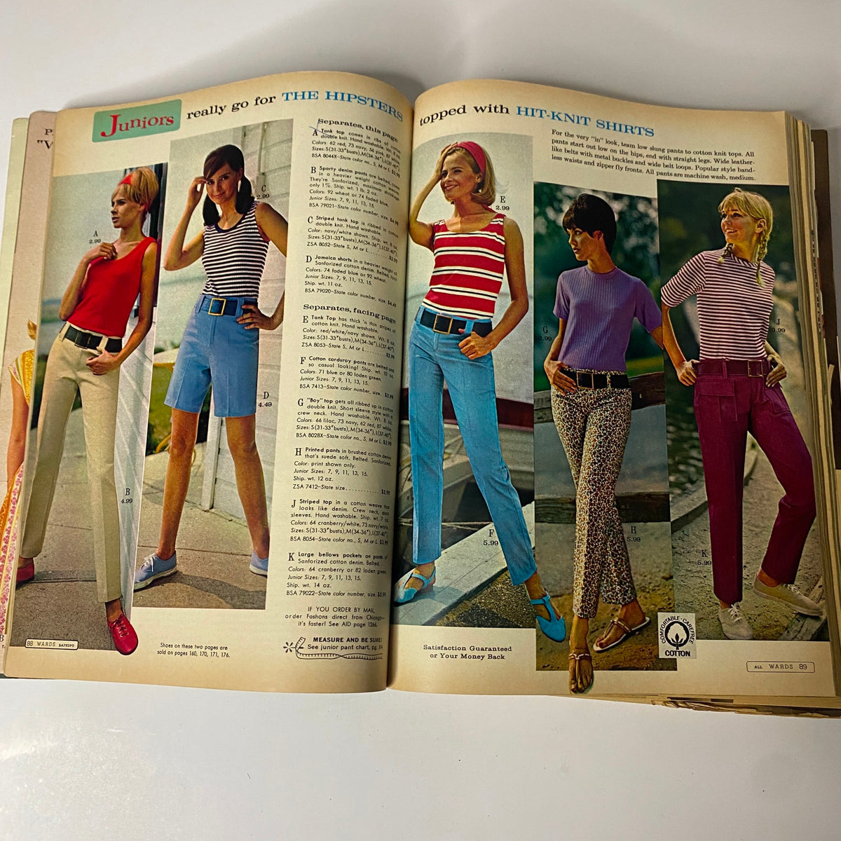 1967 Montgomery Ward Spring and Summer Catalog illustrating trendy junior casual wear including hipster pants and tops, representing youthful summer fashion styles.