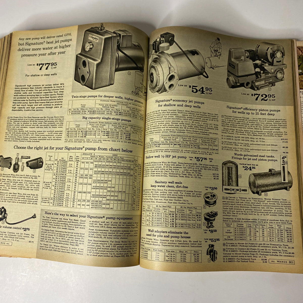 Page featuring Signature brand jet pumps and comparison chart from the 1967 Montgomery Ward Spring and Summer Catalog, detailing pricing and specifications.