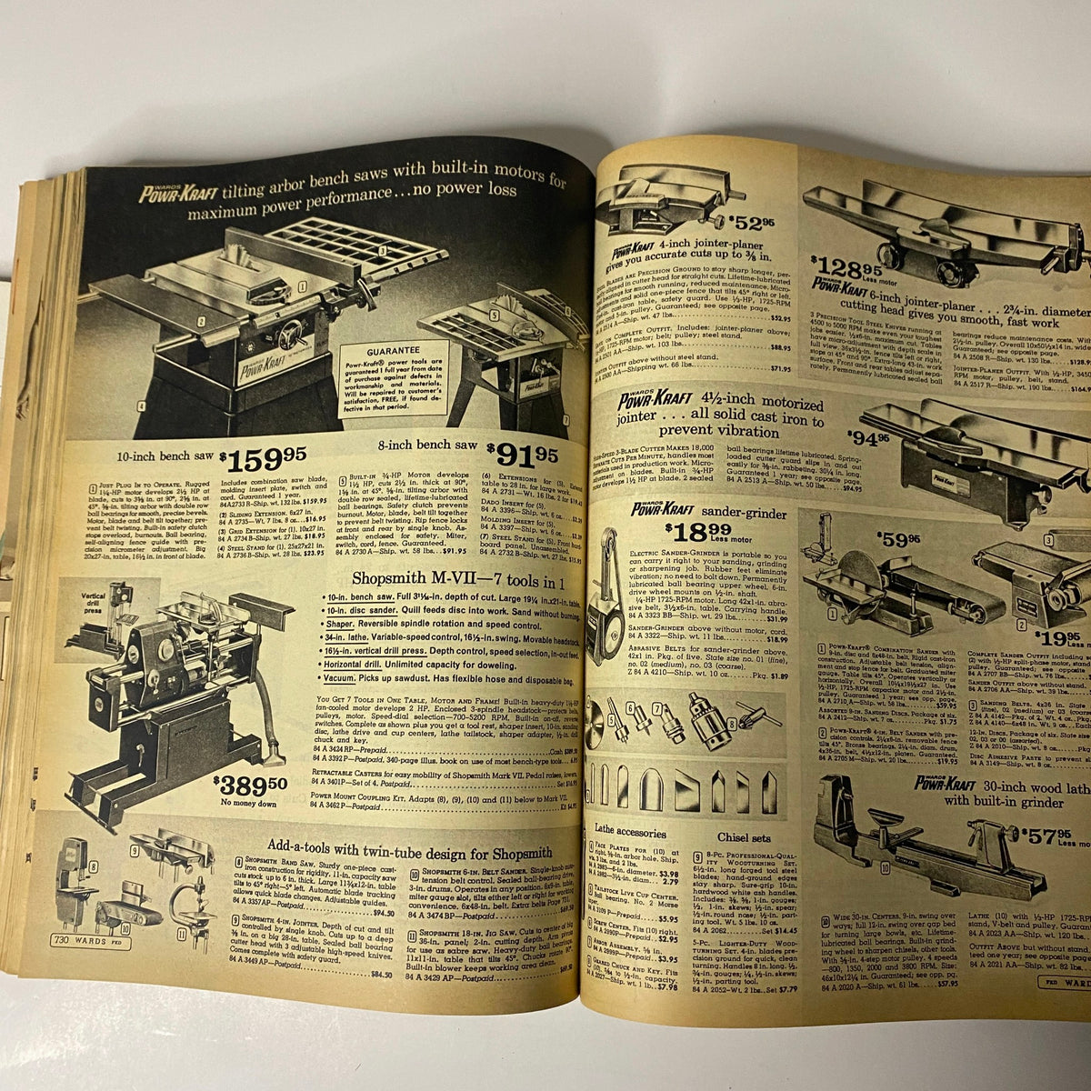 Page displaying woodworking machinery including Pow'rKraft brand bench saws and tools from the 1967 Montgomery Ward Spring and Summer Catalog, with prices listed.