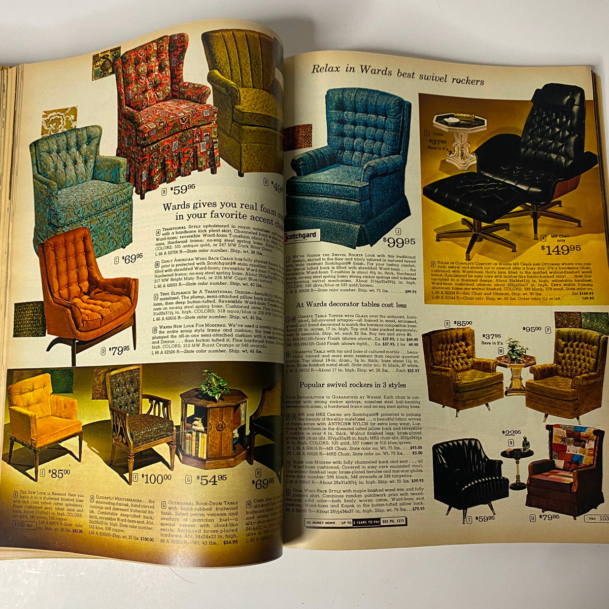 Interior page of the 1967 Montgomery Ward Spring and Summer Catalog showcasing a variety of stylish furniture, including swivel rockers and accent chairs with detailed pricing.