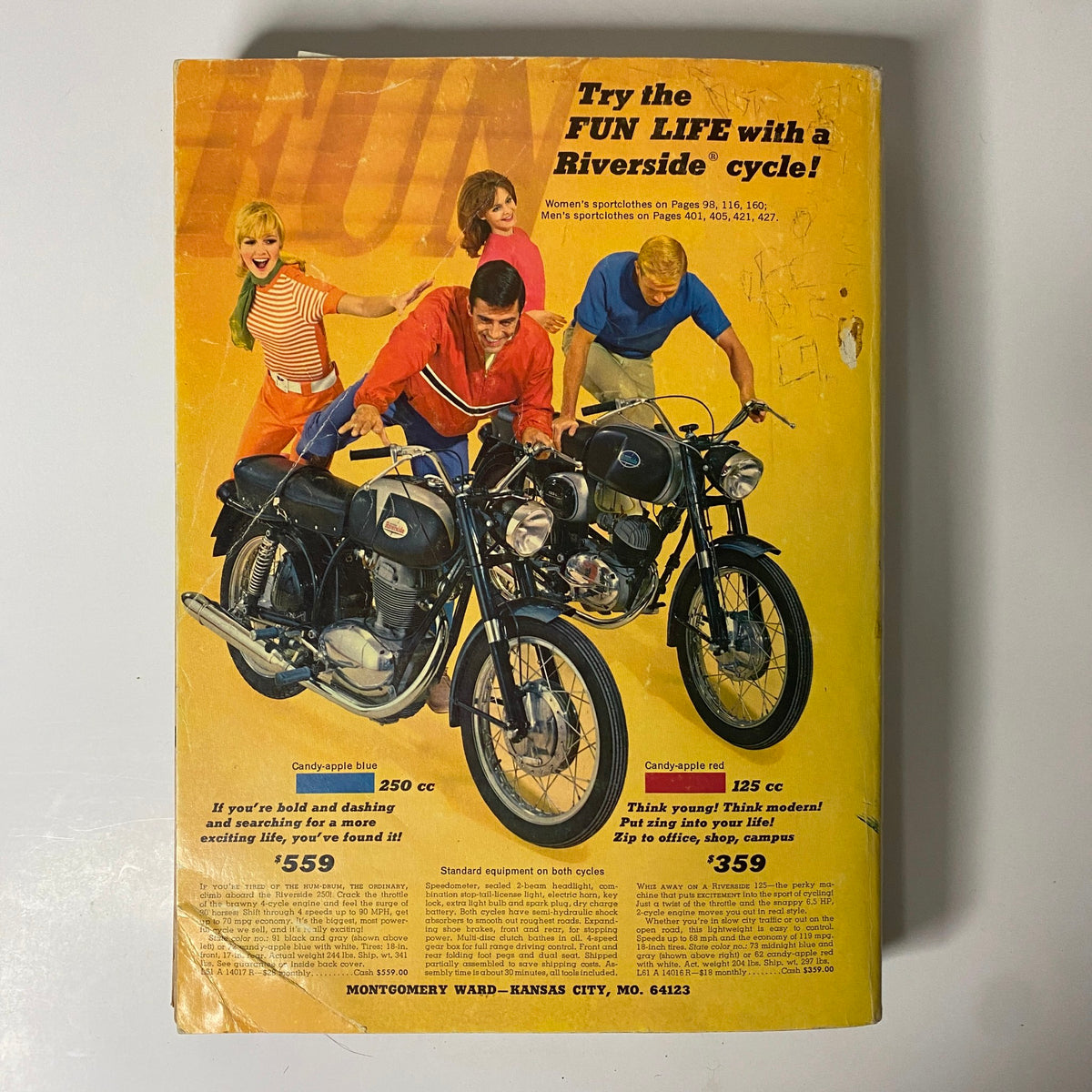 Back cover of the 1967 Montgomery Ward Spring and Summer Catalog promoting Riverside motorcycles with a vibrant and fun design.