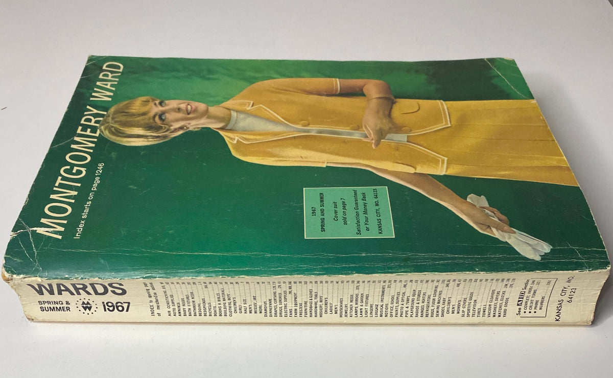 Cover page of the 1967 Montgomery Ward Spring and Summer Catalog displaying a model in a stylish outfit, emphasizing the era's fashion trends.