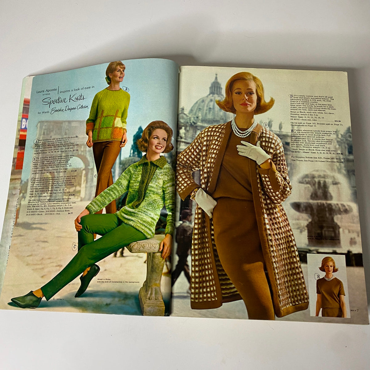 Interior page of the 1964 Montgomery Ward Fall and Winter Catalog displaying models in fashionable 1960s attire, illustrating sporty knitwear and elegant outfits with historical context.