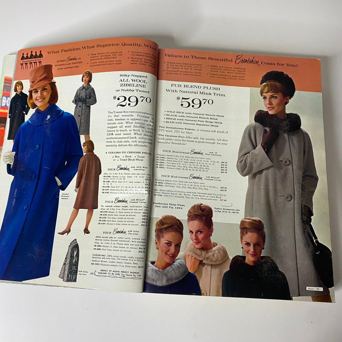 1964 Montgomery Ward Fall and Winter Catalog showcasing elegant women’s fashion including stylish coats, chic outfits, and accessories from the 1960s.