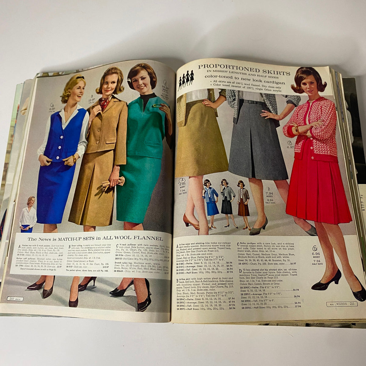 1964 Montgomery Ward Fall and Winter Catalog featuring a range of women’s match-up sets in vibrant colors and wool flannel fabric from the 1960s.