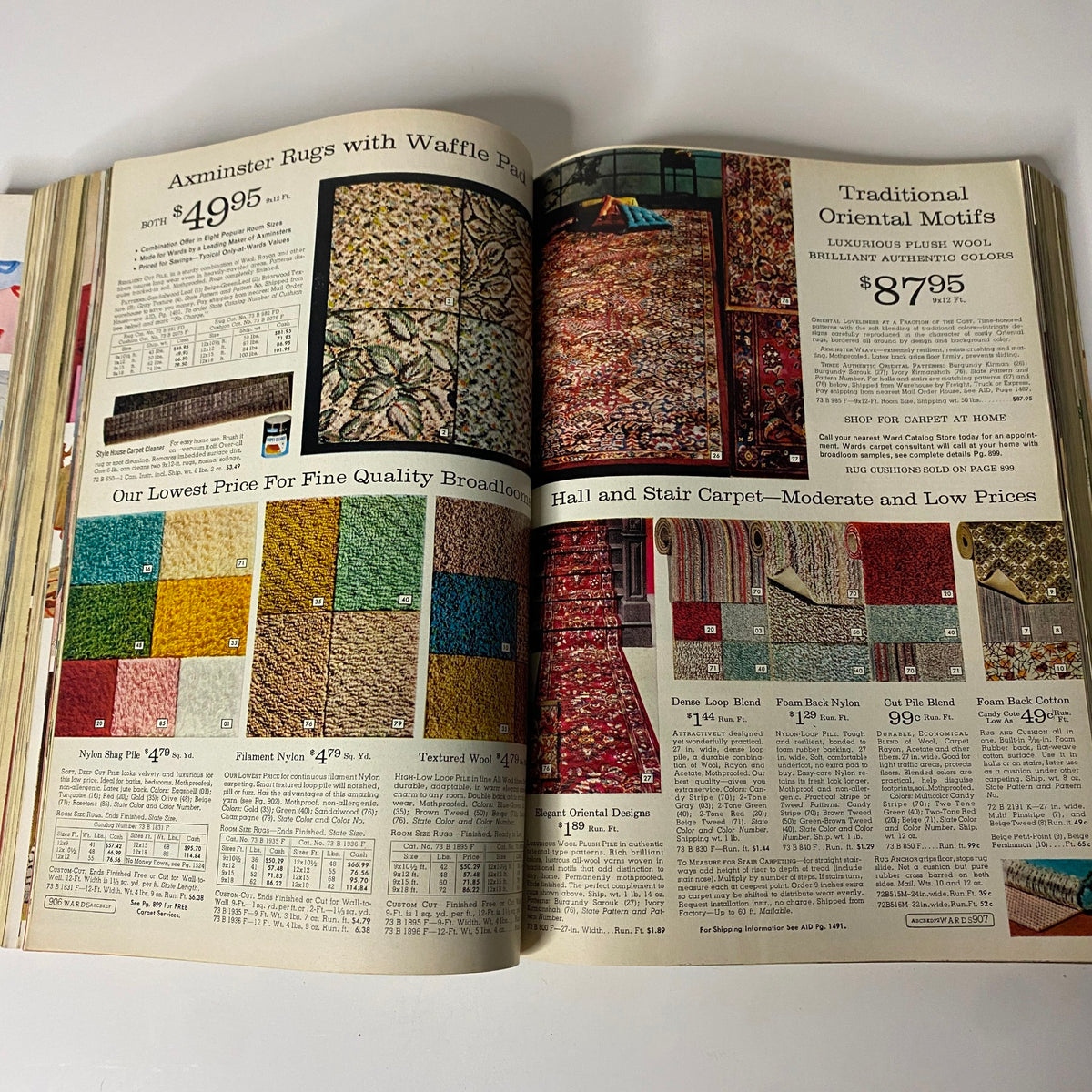 1964 Montgomery Ward Fall and Winter Catalog displaying a variety of carpets and rugs, including Axminster and Oriental designs.