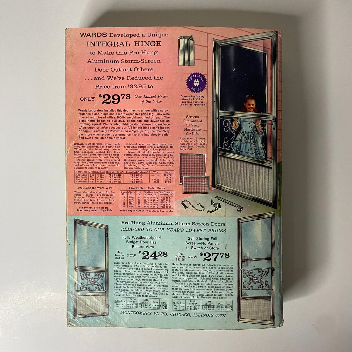 1964 Montgomery Ward Fall and Winter Catalog back cover featuring aluminum storm-screen doors with detailed pricing and descriptions.