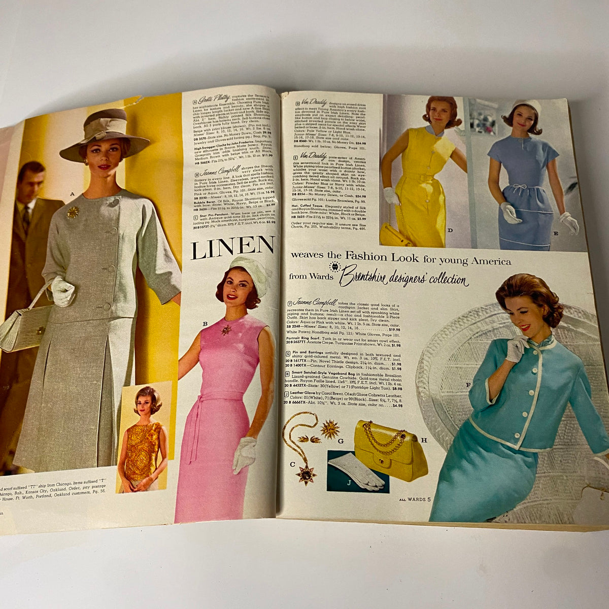 Another interior page of the 1963 Montgomery Ward Spring and Summer Catalog featuring elegant outfits and accessories in vibrant colors for young women.