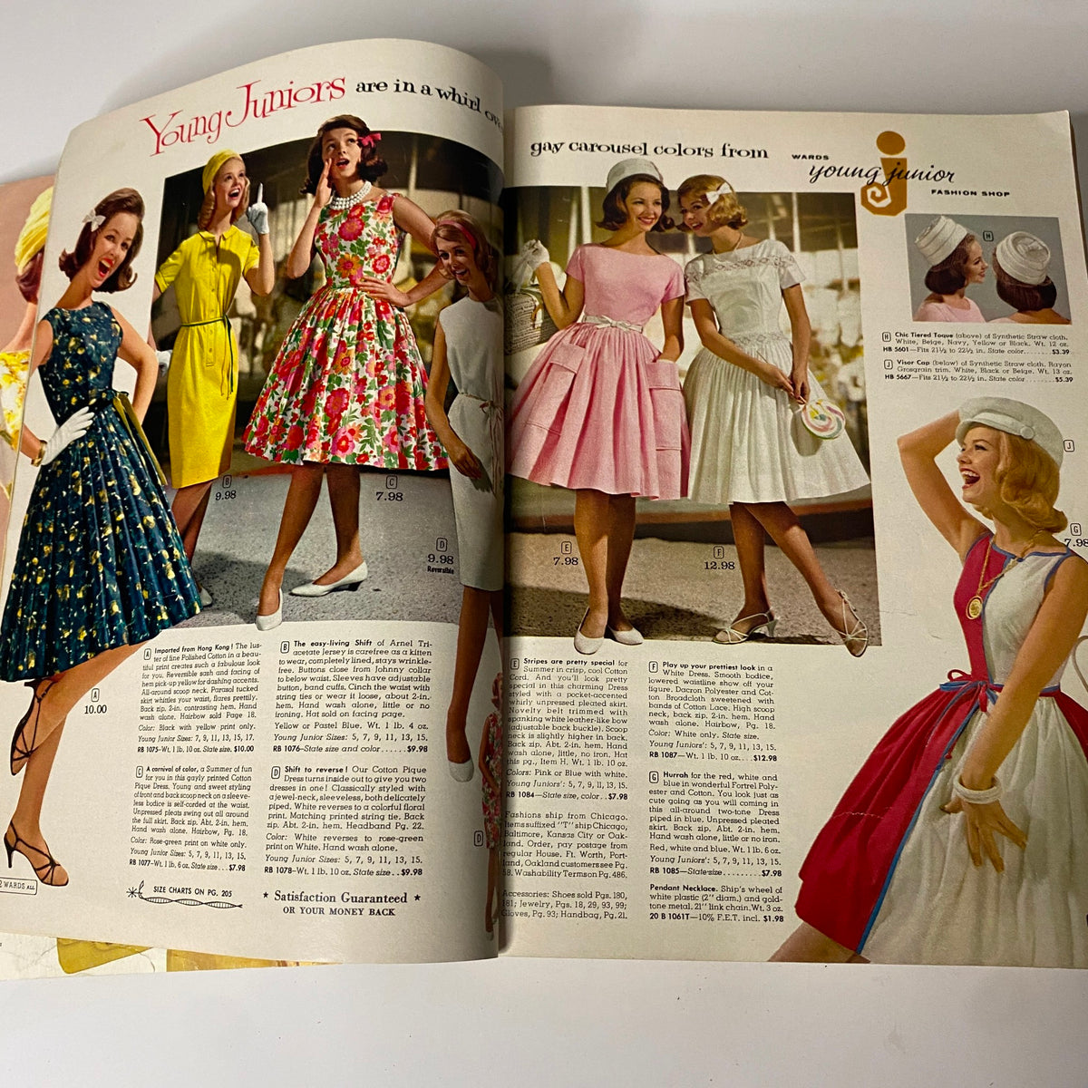 Colorful interior page of the 1963 Montgomery Ward Spring and Summer Catalog displaying youthful dresses for juniors with detailed pricing information.
