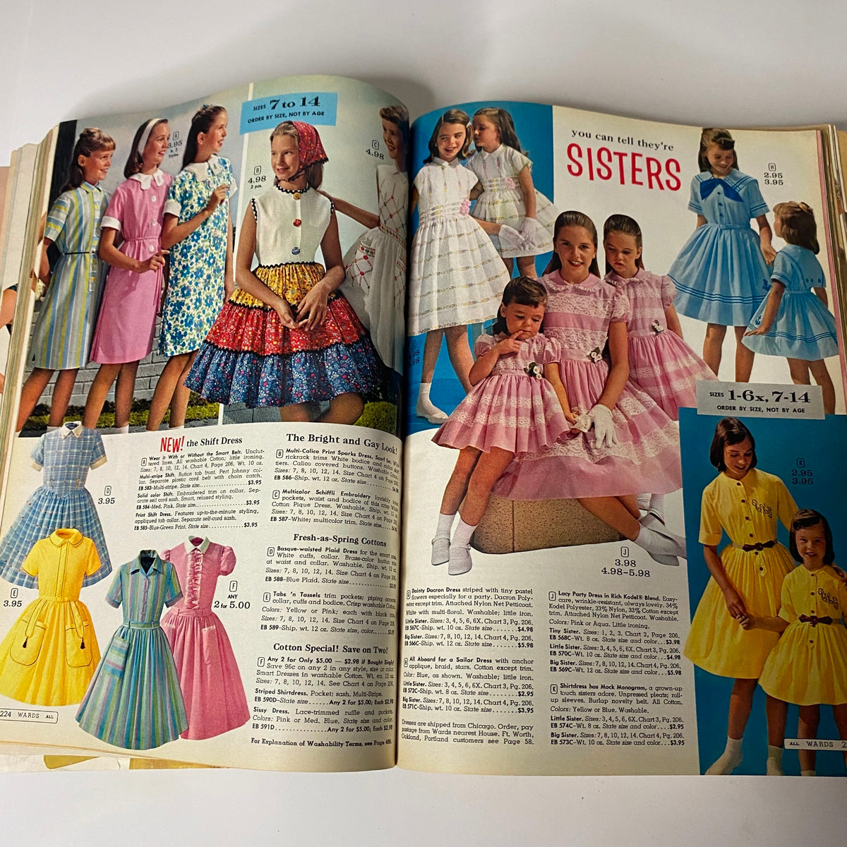 1963 Montgomery Ward Spring and Summer Catalog showcasing girls' fashion, including colorful dresses and matching sister outfits for ages 7 to 14, highlighting vintage design and style.