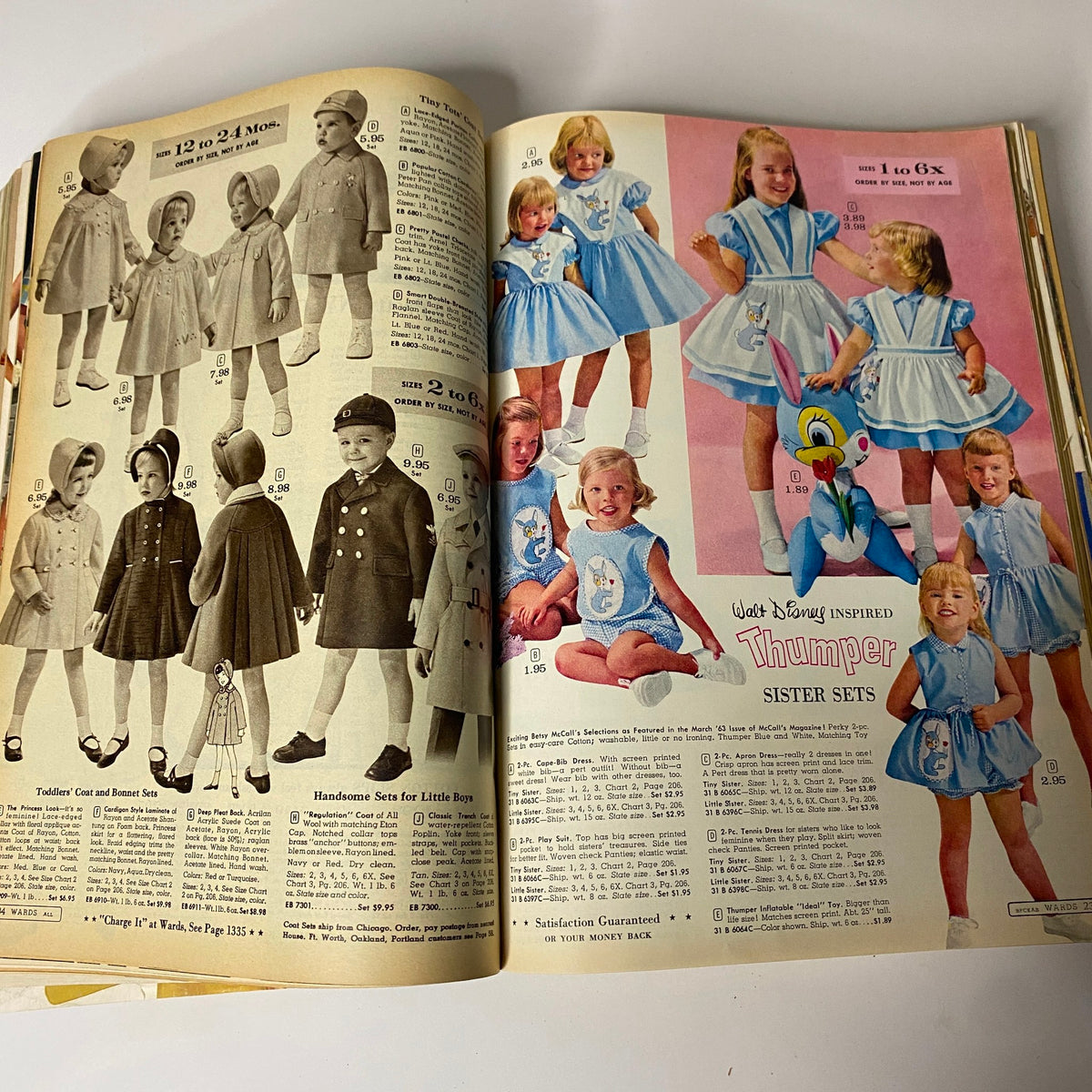 1963 Montgomery Ward Spring and Summer Catalog featuring toddler and children's clothing, including adorable coats, hats, and Disney-inspired outfits for ages 1 to 6X, representing classic 1960s fashion.