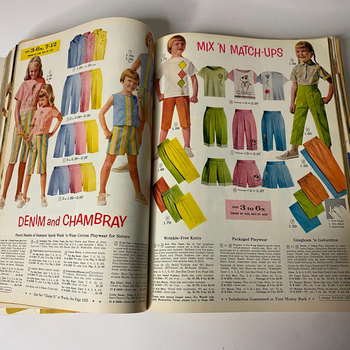1963 Montgomery Ward Spring and Summer Catalog displaying playful girls' summer wear, featuring vibrant mix-and-match outfits made from denim and chambray for ages 3 to 6, indicative of 1960s trends.