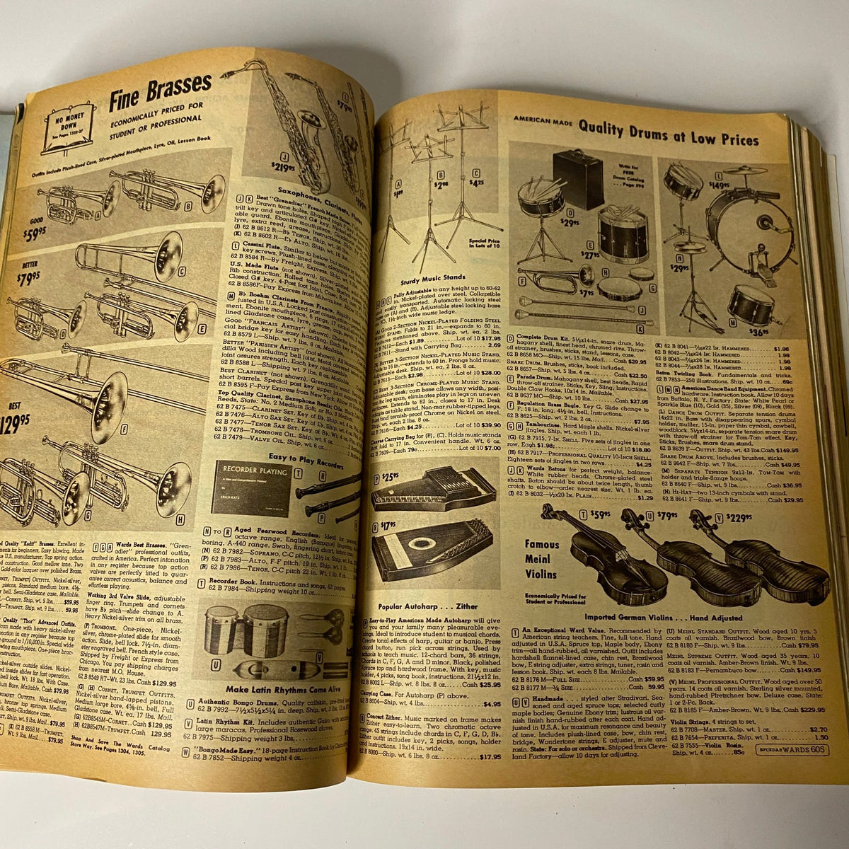 1963 Montgomery Ward Spring and Summer Catalog showcasing musical instruments including brass and percussion, emphasizing low prices for student and professional quality, representing the vibrant lifestyle of the era.